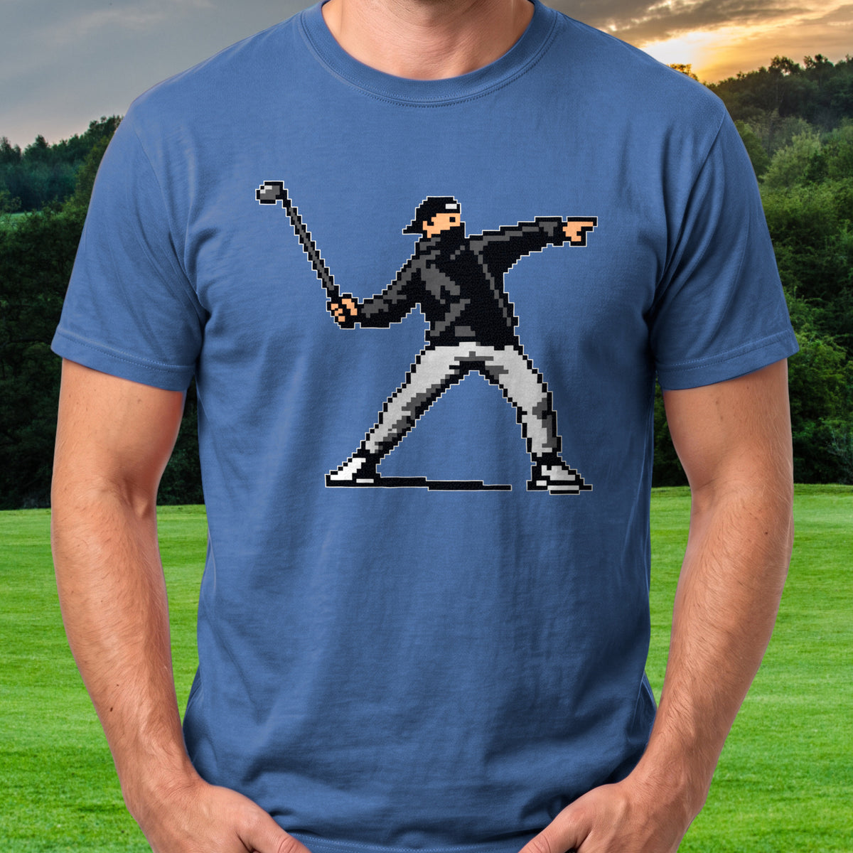 Club Thrower 8-Bit Tee worn on the golf course, Royal