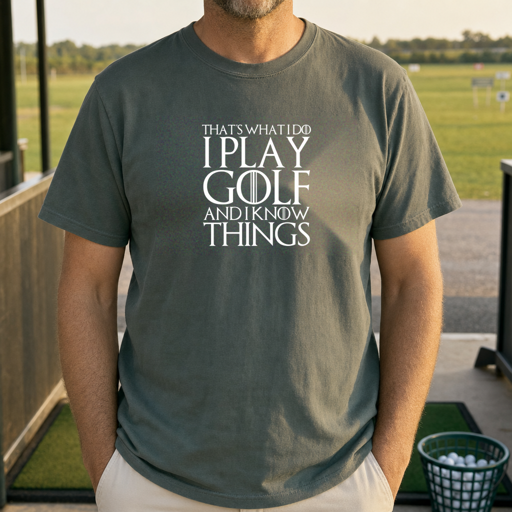 I Play Golf And Know Things Tee worn on the golf course, Military Green