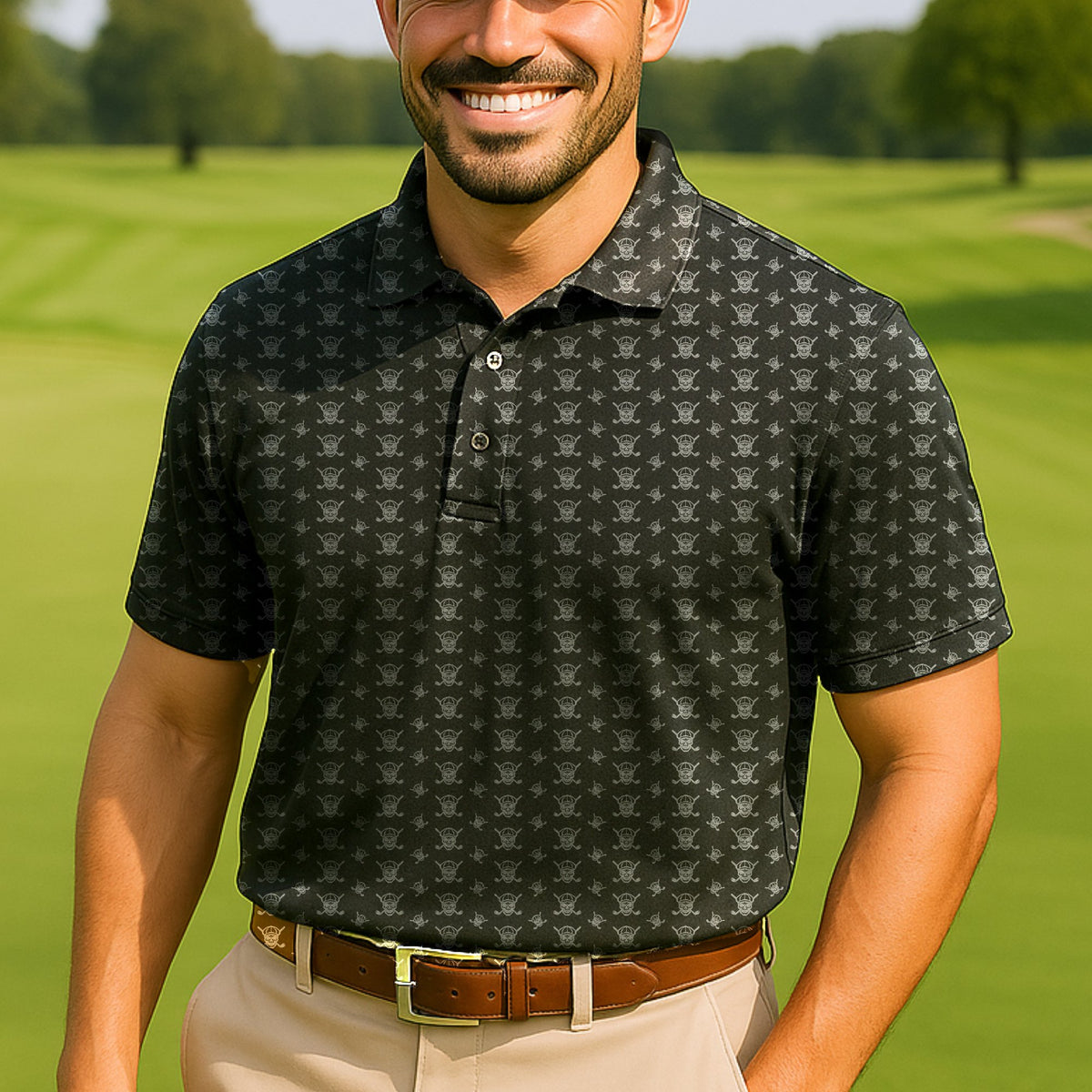 Skull And Cross Clubs Performance Print Polo worn on the golf course