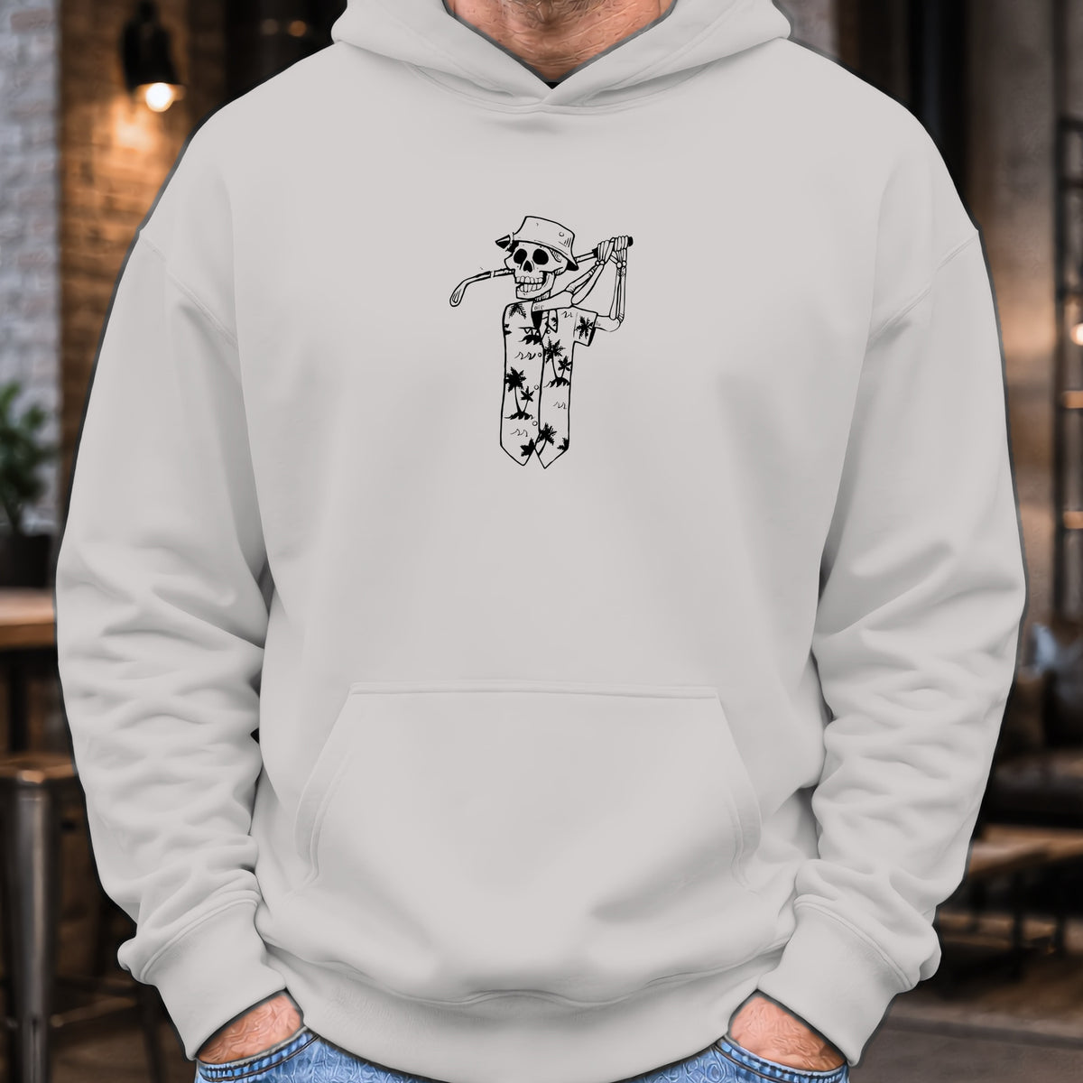 Tropical Skeleton Hoodie worn, Sport Grey