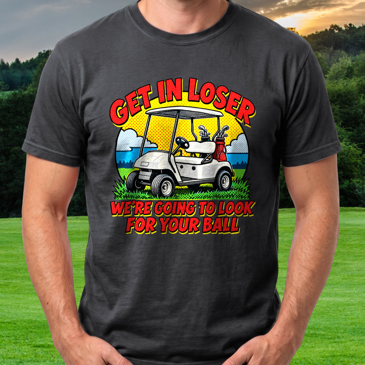 Get In Loser Pop Art Tee worn on the golf course, Black