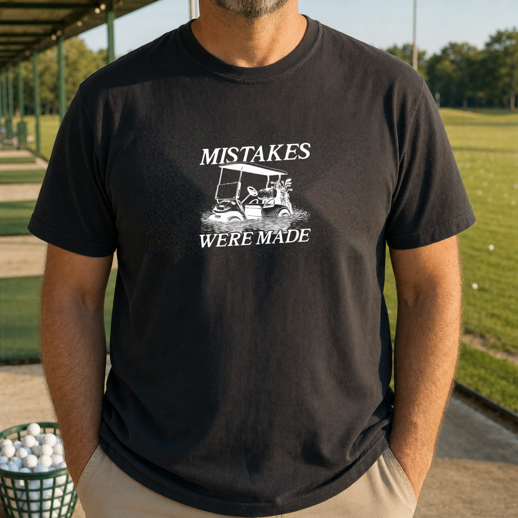Mistakes Were Made Heavyweight Tee worn on the golf course, Mystic Blue
