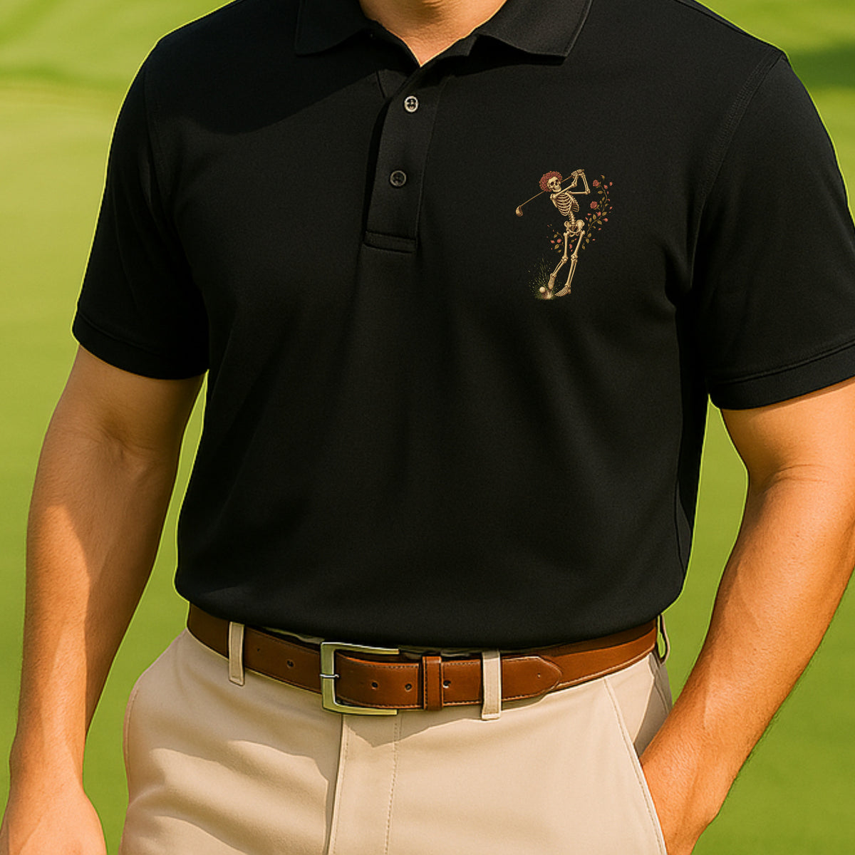 Rose Skeleton Swing Performance Polo worn on the golf course, Black