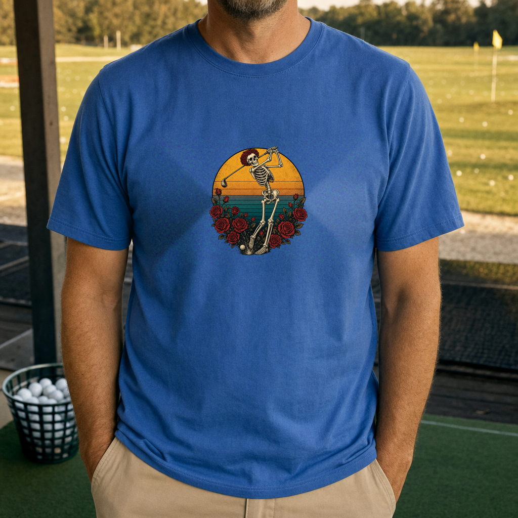 Skeleton Swing Sunset Tee worn on the golf course, Royal