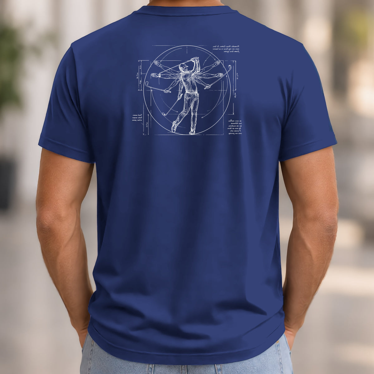 Da Vinci Swing Back Print Tee worn, Navy