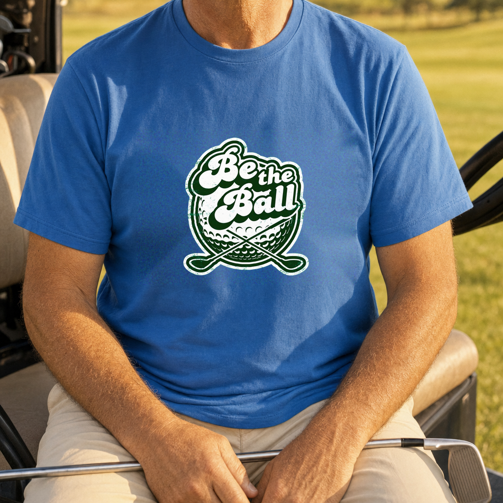 Be The Ball Vintage Tee worn on the golf course, Royal