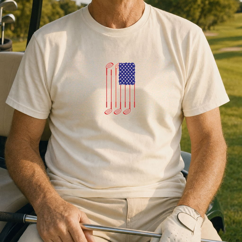 USA Flag Clubs & Balls Heavyweight Tee worn on the golf course, Ivory