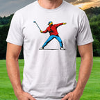 Club Thrower Pop Art Tee worn on the golf course, White