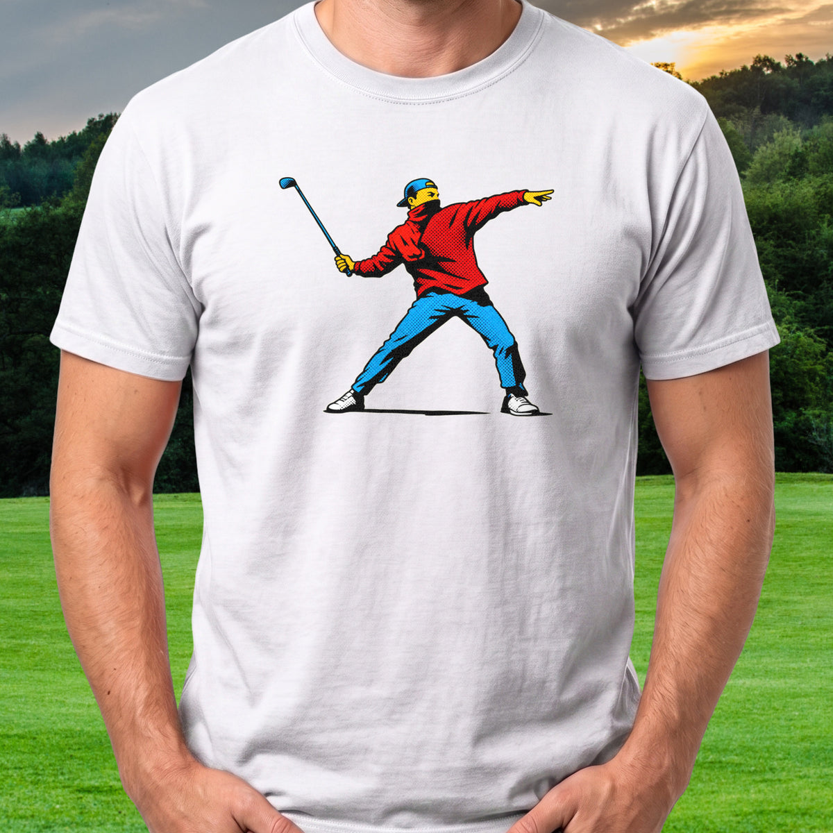 Club Thrower Pop Art Tee worn on the golf course, White