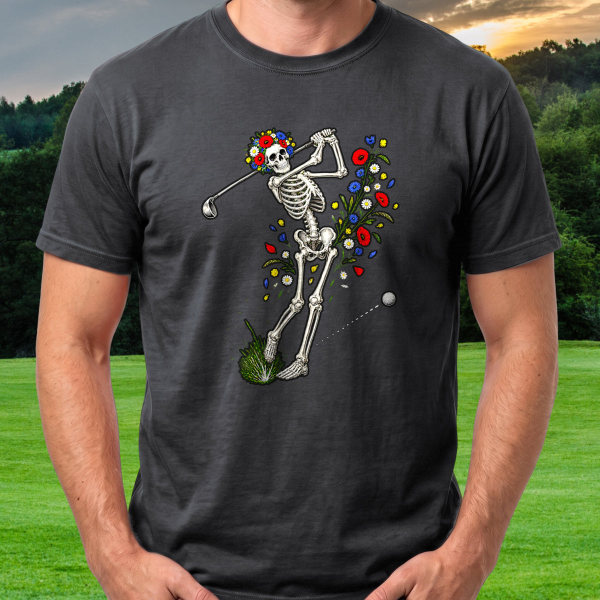 Wildflower Skeleton Swing Tee worn on the golf course, Black