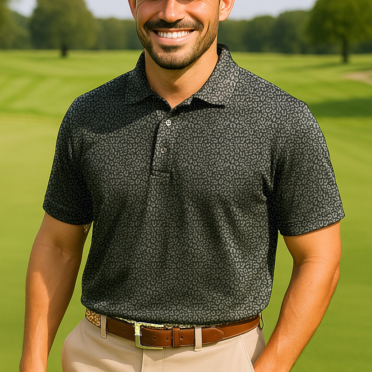 Rainbow Leopard Performance Print Polo worn on the golf course