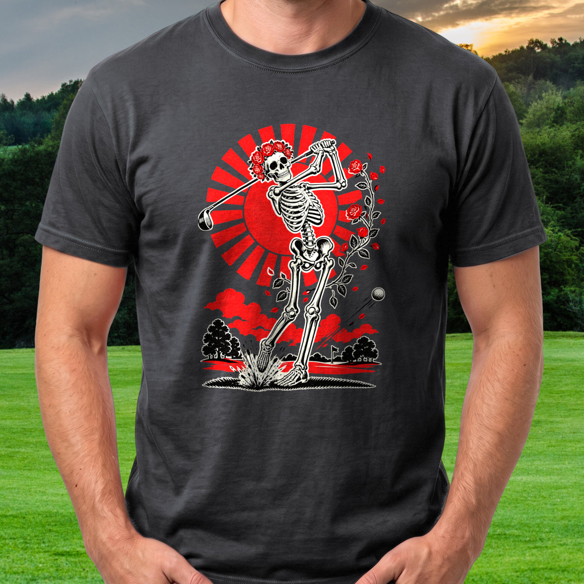 Rose Skeleton Sunburst Tee worn on the golf course, Black