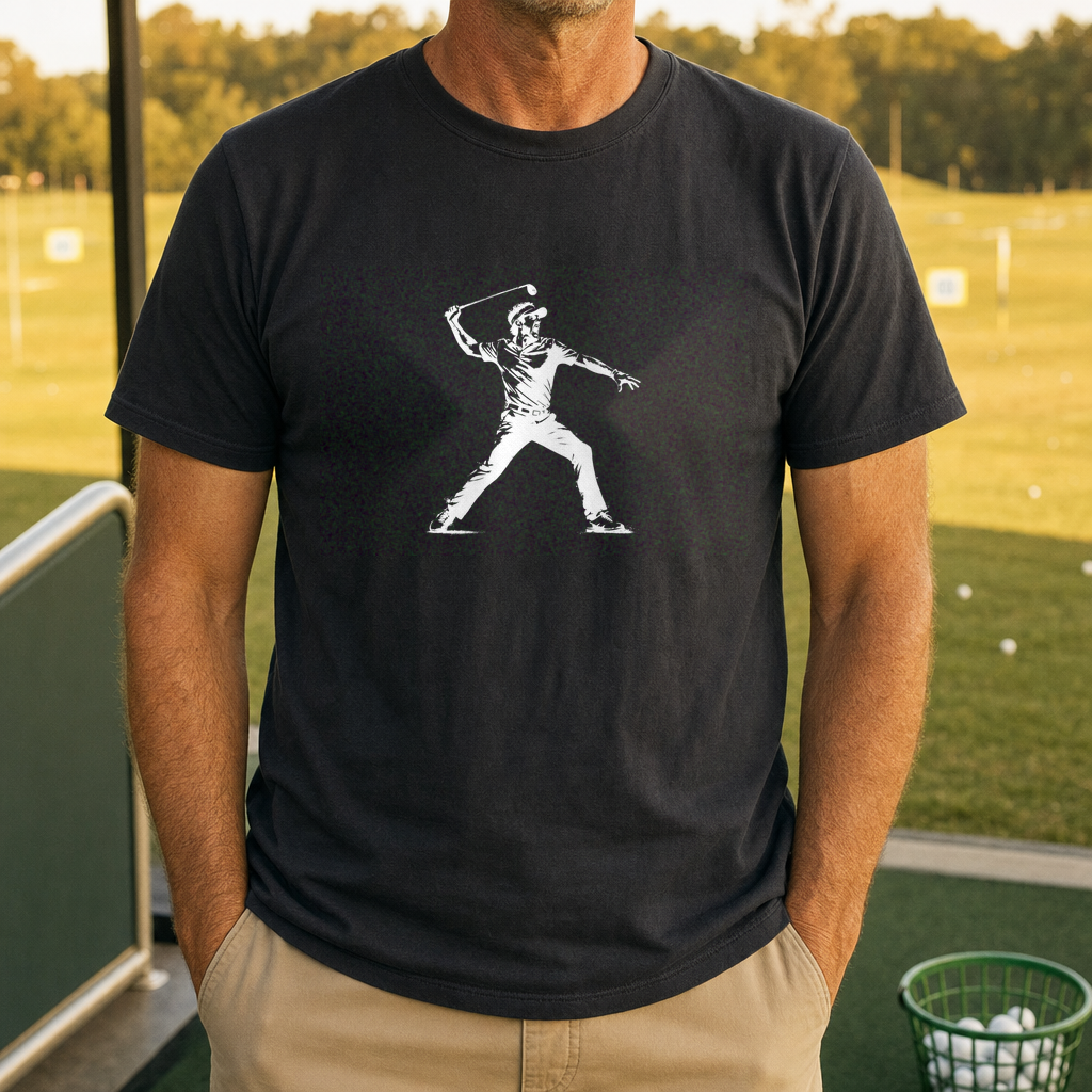 Angry Golfer Heavyweight Tee worn on the golf course, True Navy