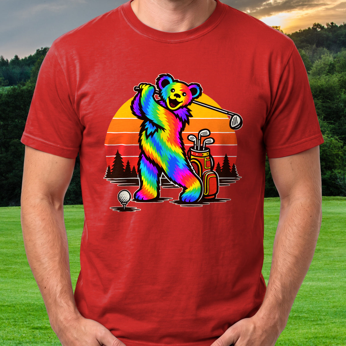 Long Strange Drive Sunset Tee worn on the golf course, Red