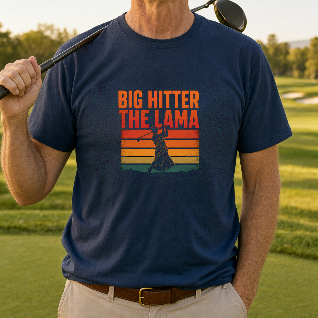 Big Hitter Retro Sunset Tee worn on the golf course, Navy