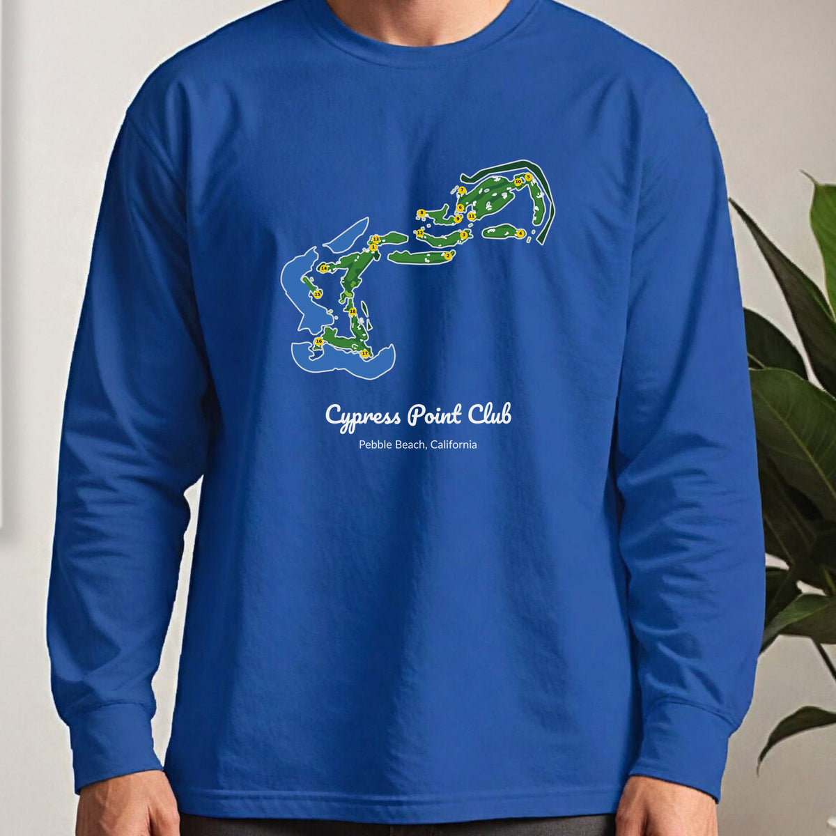 Cypress Point Club Course Map Long Sleeve Tee worn, Royal