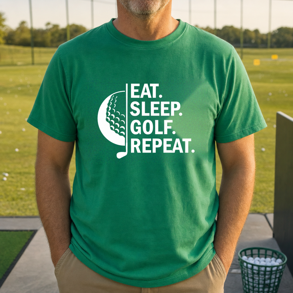 Eat Sleep Golf Tee worn on the golf course, Irish Green