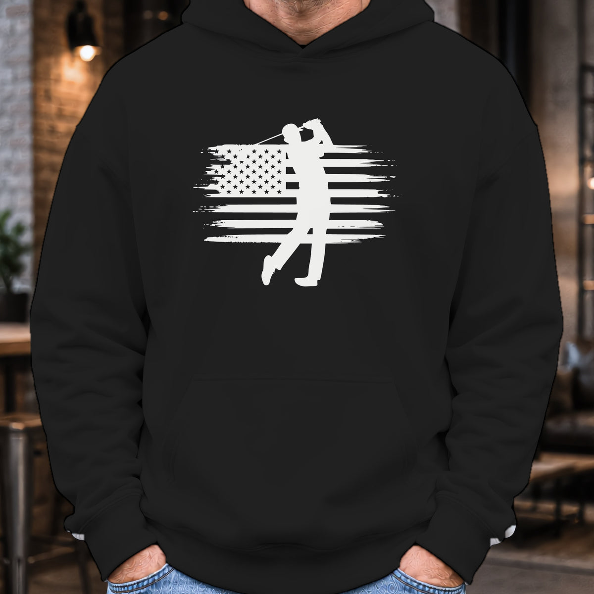 USA Flag Golfer Hoodie worn, Black