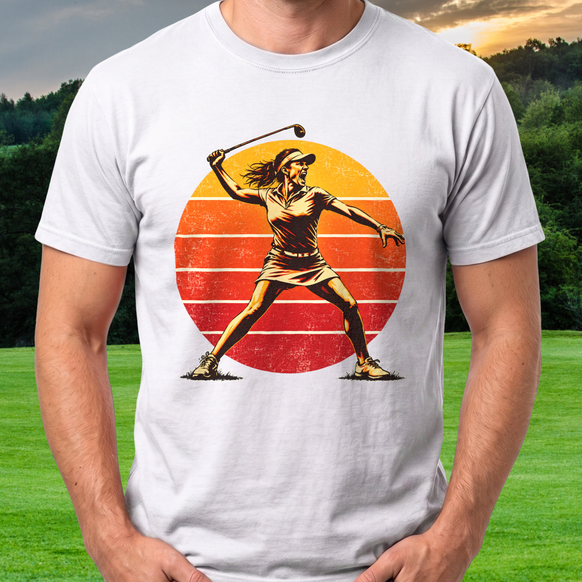 Angry Female Golfer Sunset Tee worn on the golf course, White