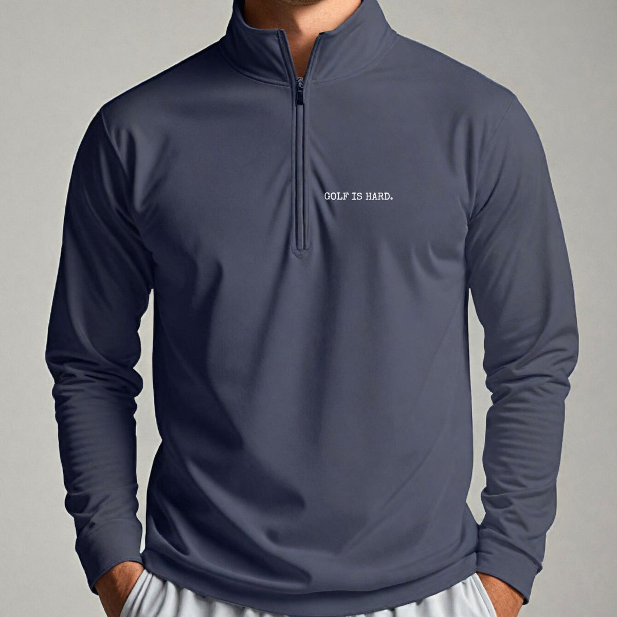 Golf Is Hard Quarter Zip worn, Navy