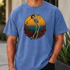 Skeleton Swing Sunset Premium Tee worn, Mystic Blue