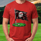 Skull Pin Flag Tee worn on the golf course, Red