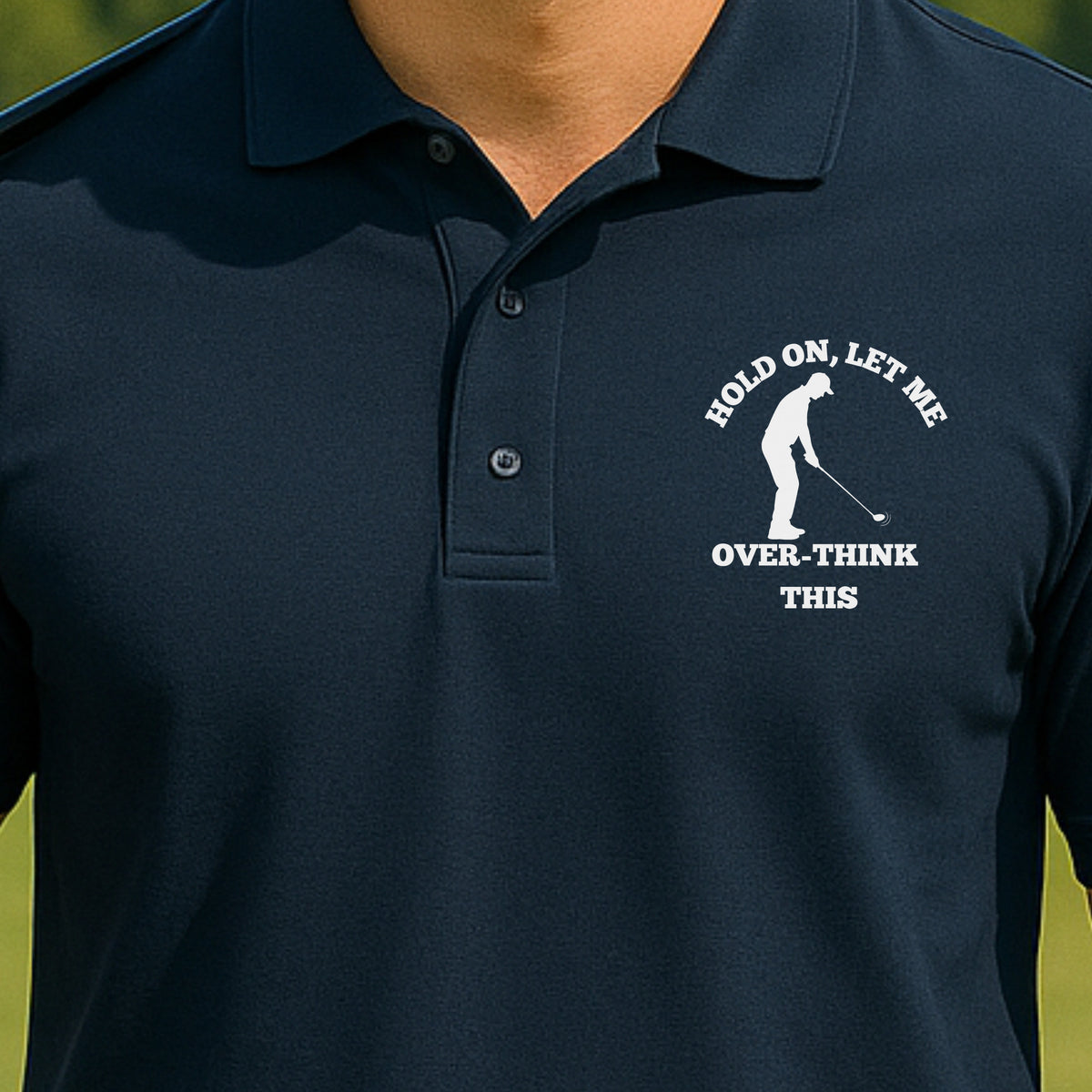Overthinking Performance Polo worn on the golf course, Navy
