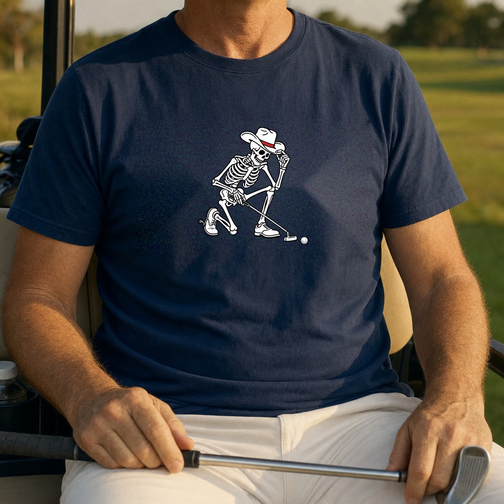 Cowboy Skeleton Tee worn on the golf course, Navy