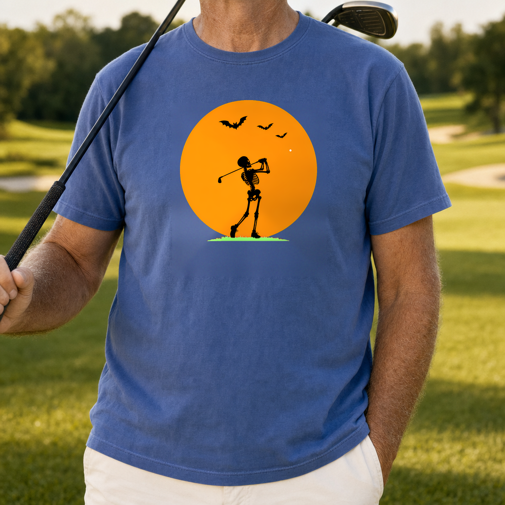 Halloween Moon Heavyweight Tee worn on the golf course, Mystic Blue