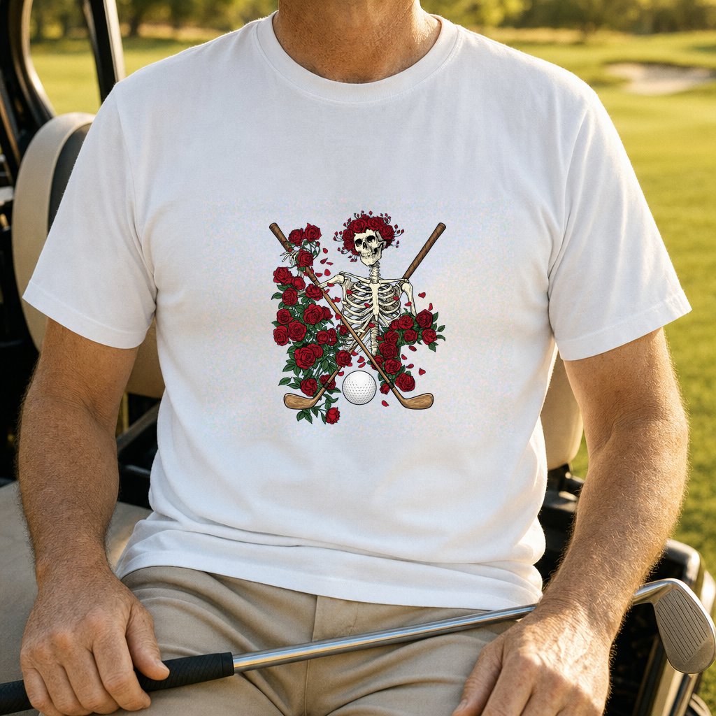 Rose Skeleton Crest Tee worn on the golf course, White