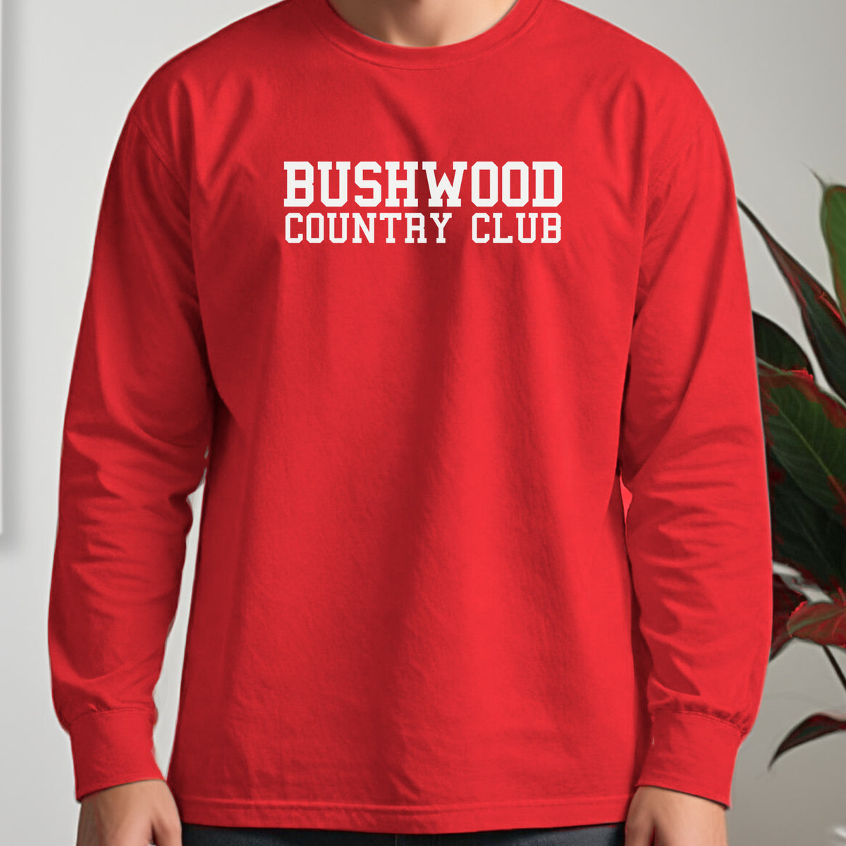 Bushwood Country Club Varsity Long Sleeve Tee worn, Red