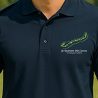 St Andrews Course Map Performance Polo worn on the golf course, Navy