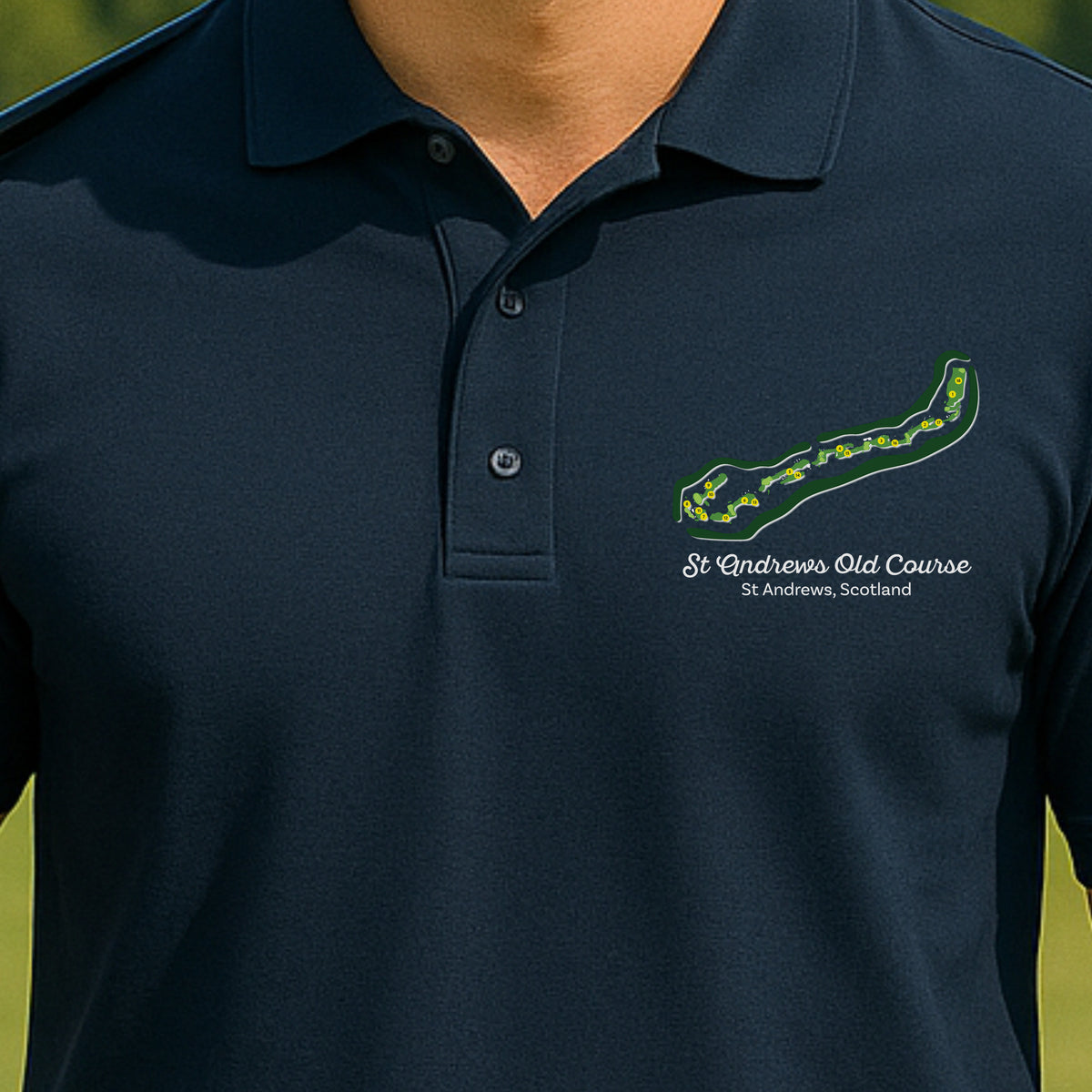 St Andrews Course Map Performance Polo worn on the golf course, Navy