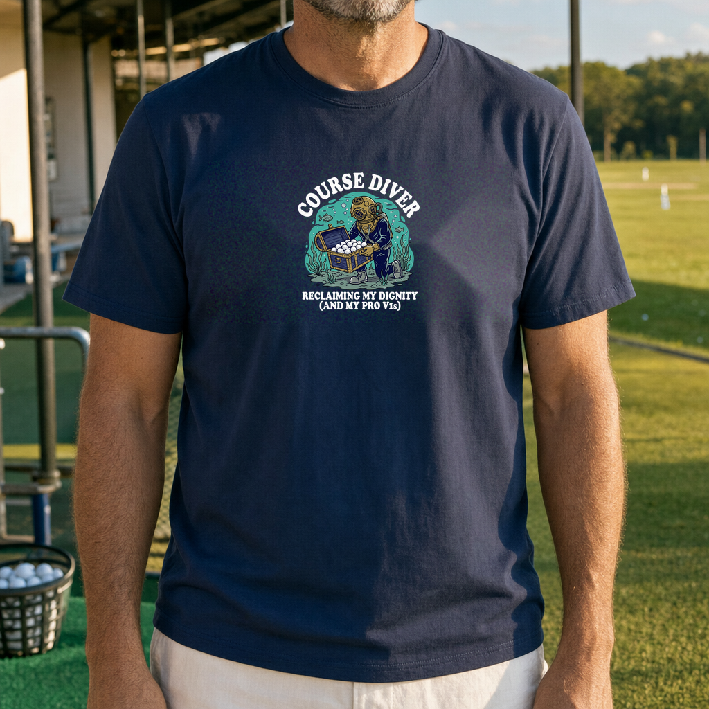 Course Diver Tee worn on the golf course, Navy