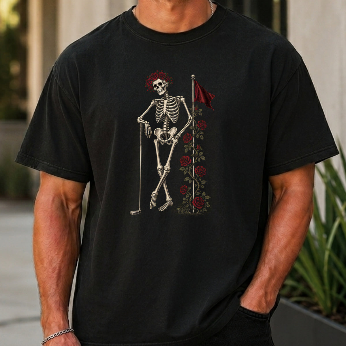 Rose Skeleton Leaning Premium Tee worn, Black