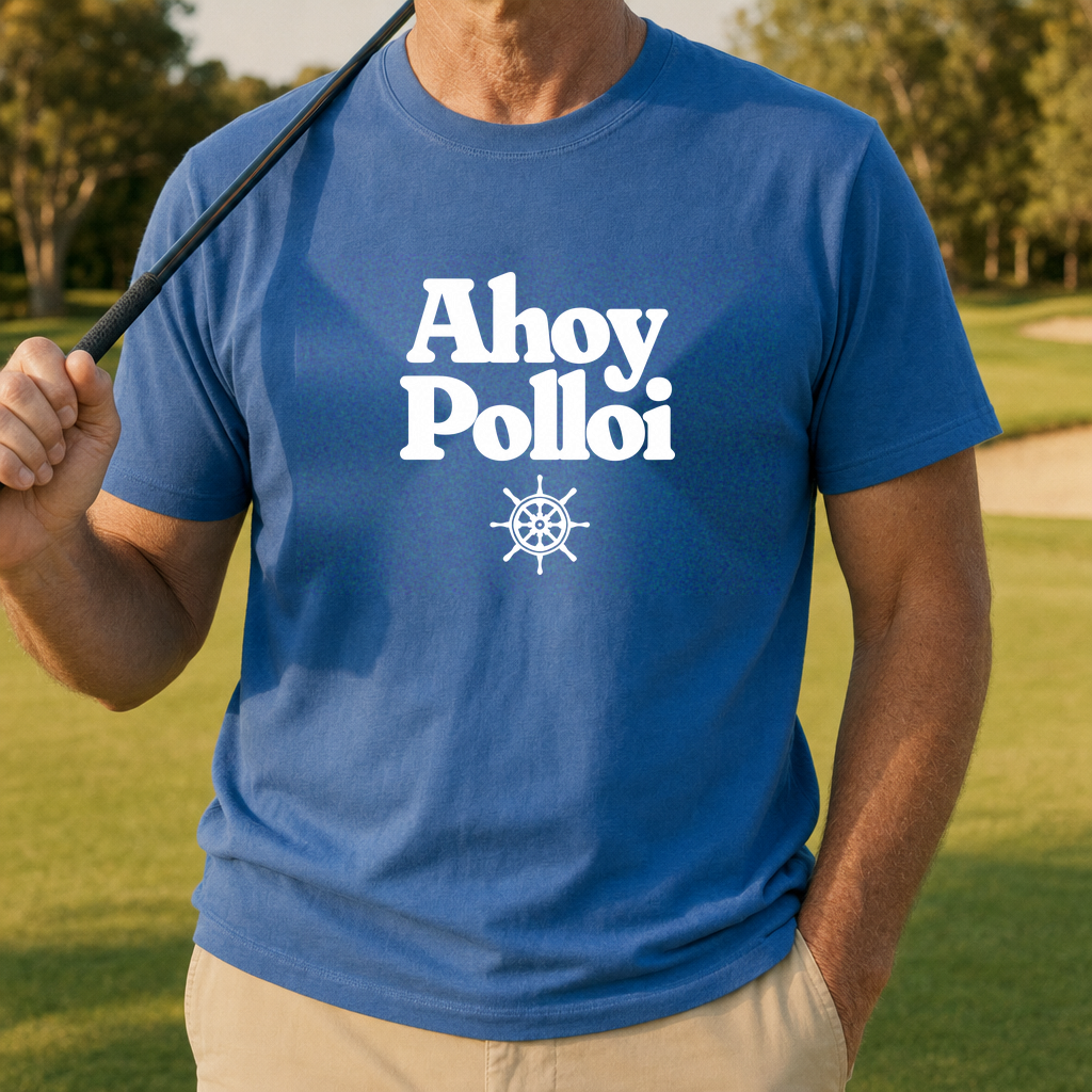 Ahoy Polloi Tee worn on the golf course, Royal