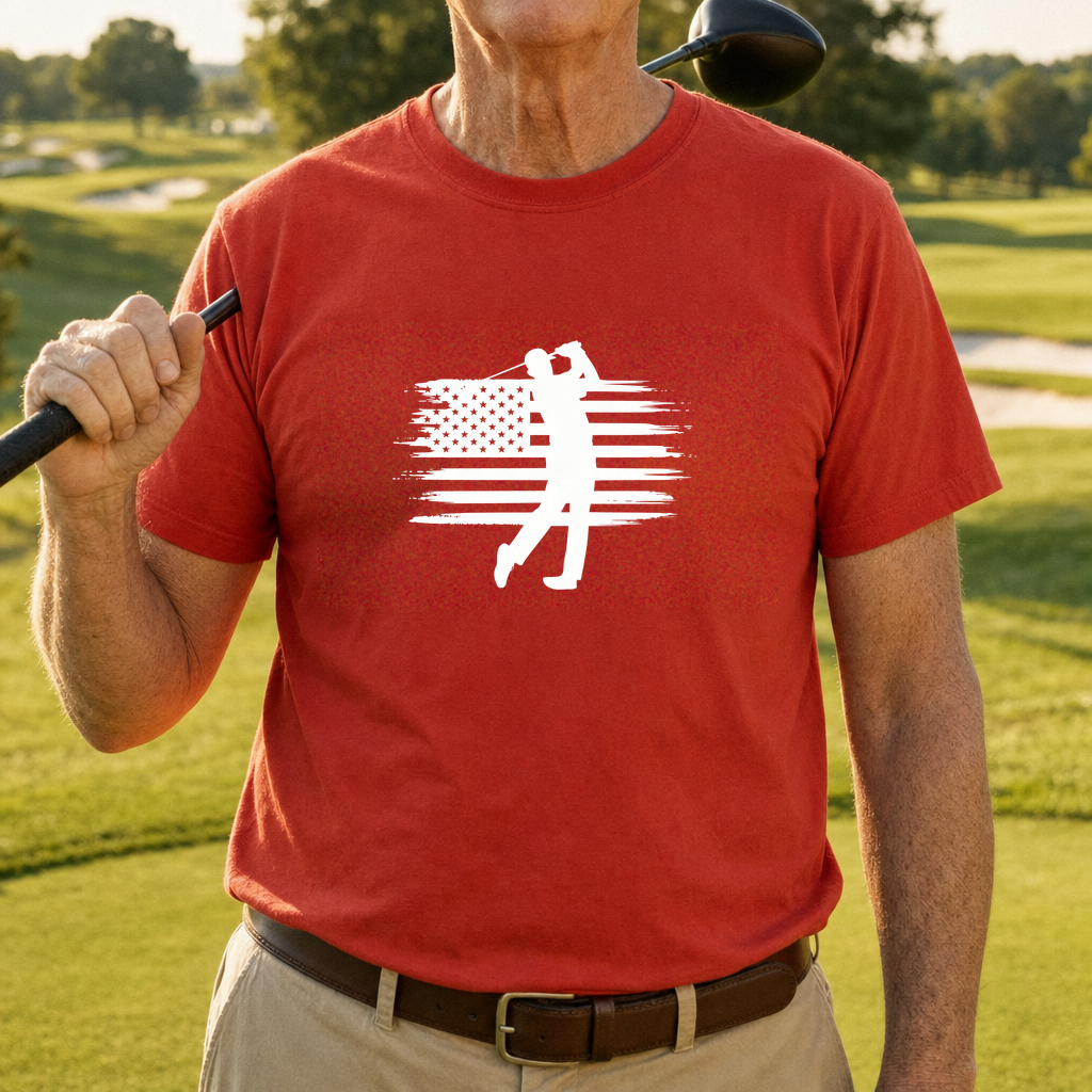 USA Flag Golfer Tee worn on the golf course, Red