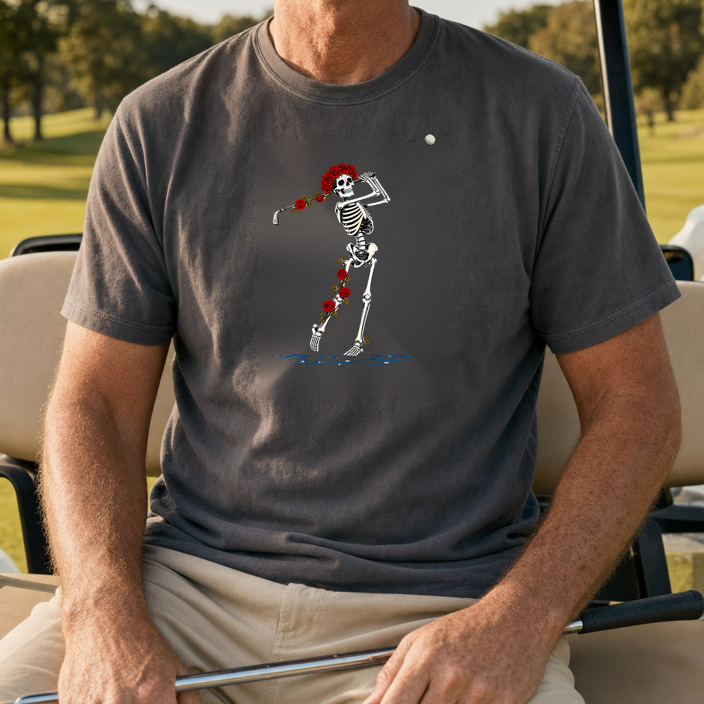 Rose Skeleton Approach Heavyweight Tee worn on the golf course, Pepper