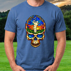 Stained Glass Skull Tee worn on the golf course, Royal