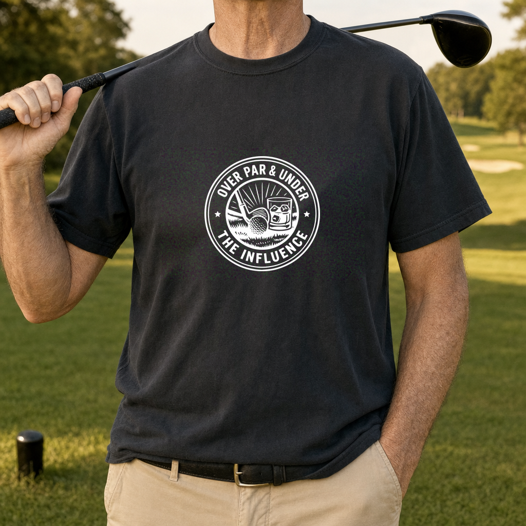 Over Par & Under The Influence Heavyweight Tee worn on the golf course, Moss
