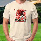 Club Thrower Poster Tee worn on the golf course, Natural