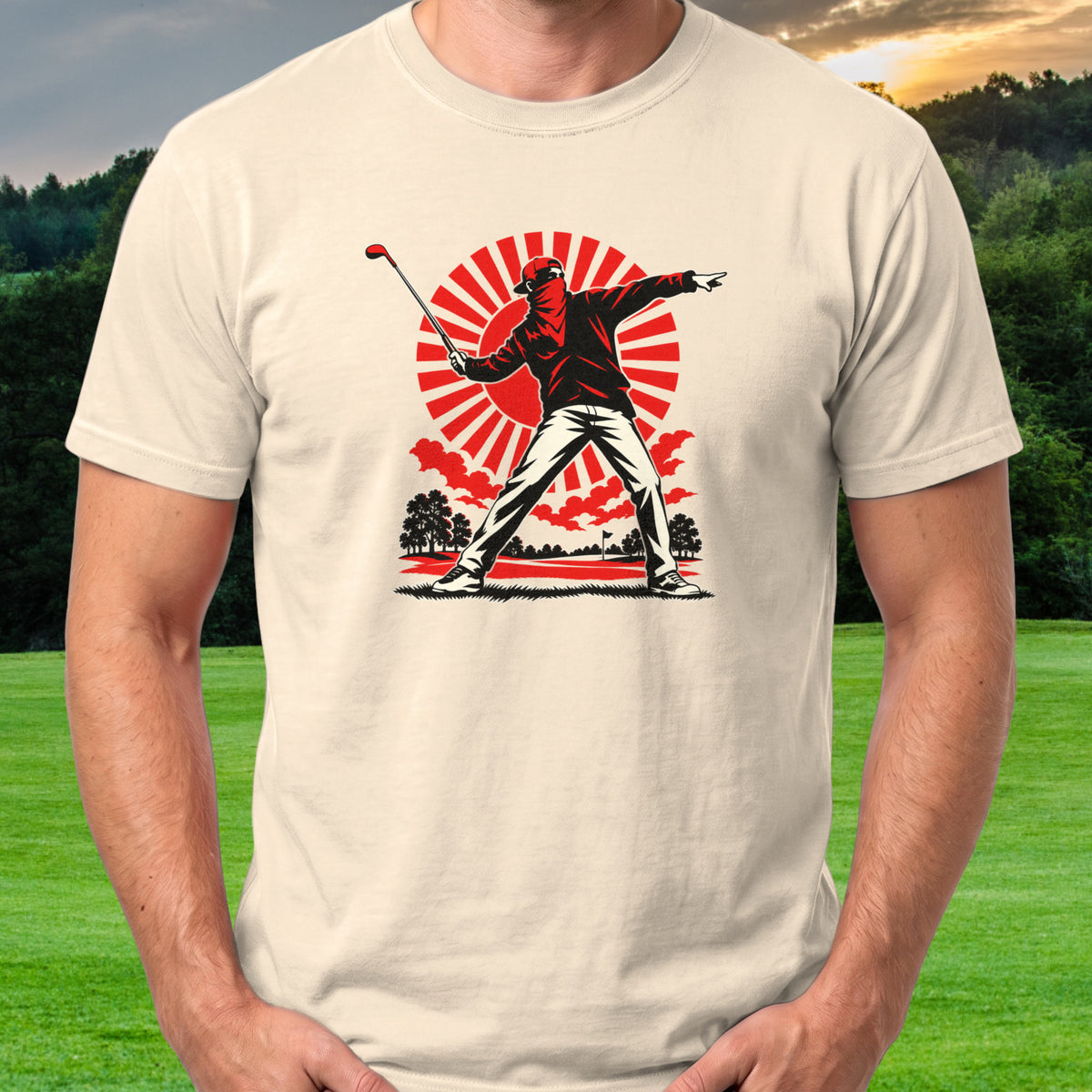 Club Thrower Poster Tee worn on the golf course, Natural