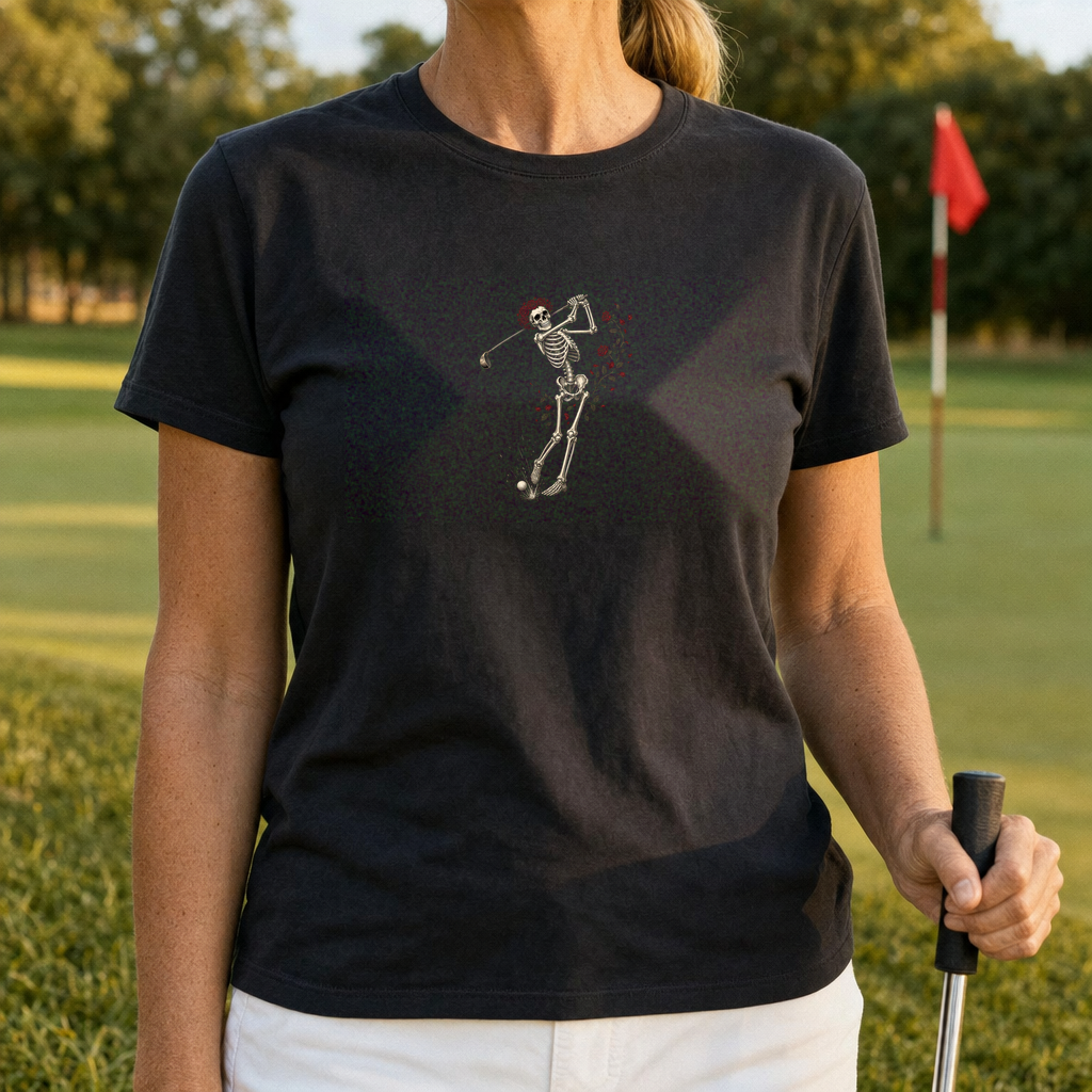 Rose Skeleton Swing Tee worn on the golf course, Black