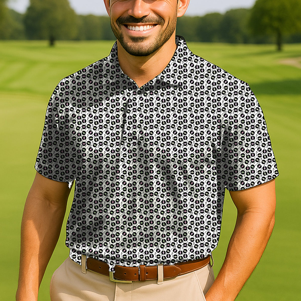Vinyl Records Performance Print Polo worn on the golf course