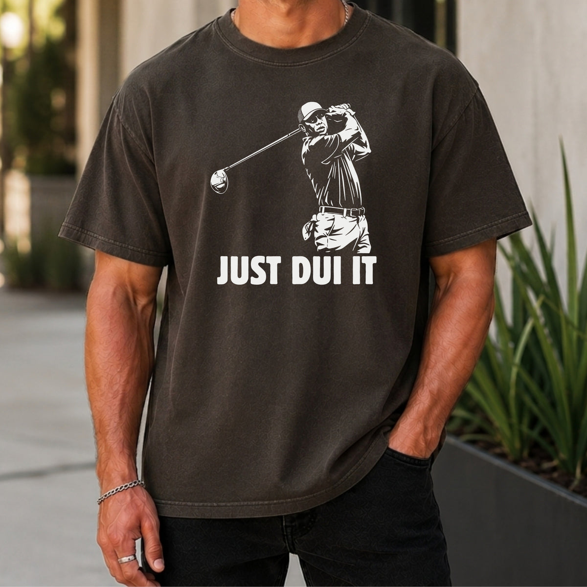 Just DUI It Premium Tee worn, Pepper