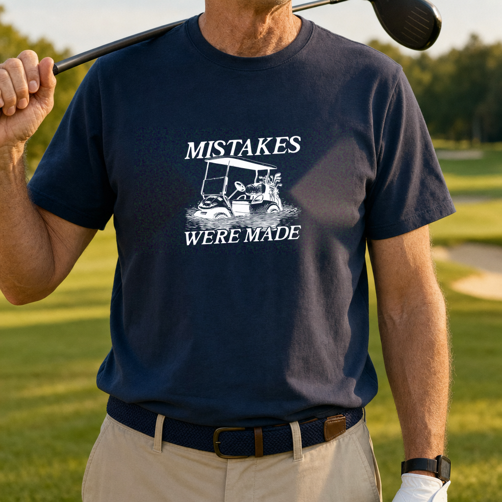 Cart In The Drink Tee worn on the golf course, Navy