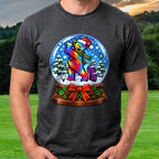Long Strange Drive Snow Globe Tee worn on the golf course, Black