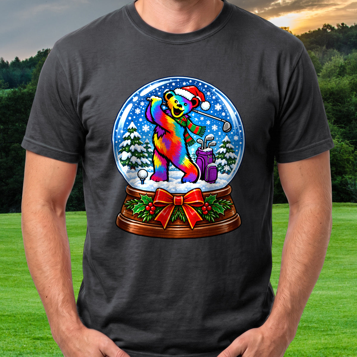 Long Strange Drive Snow Globe Tee worn on the golf course, Black