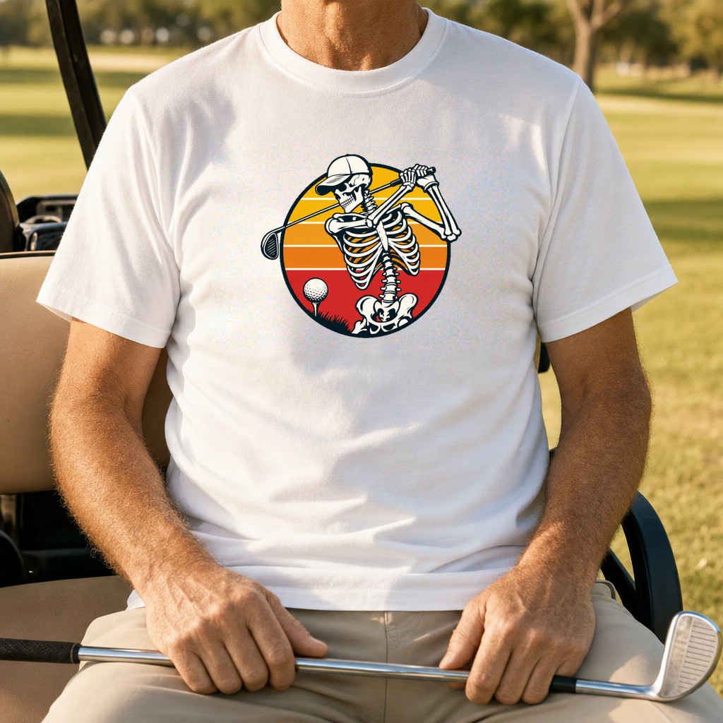 Dusk Skeleton Swing Tee worn on the golf course, White