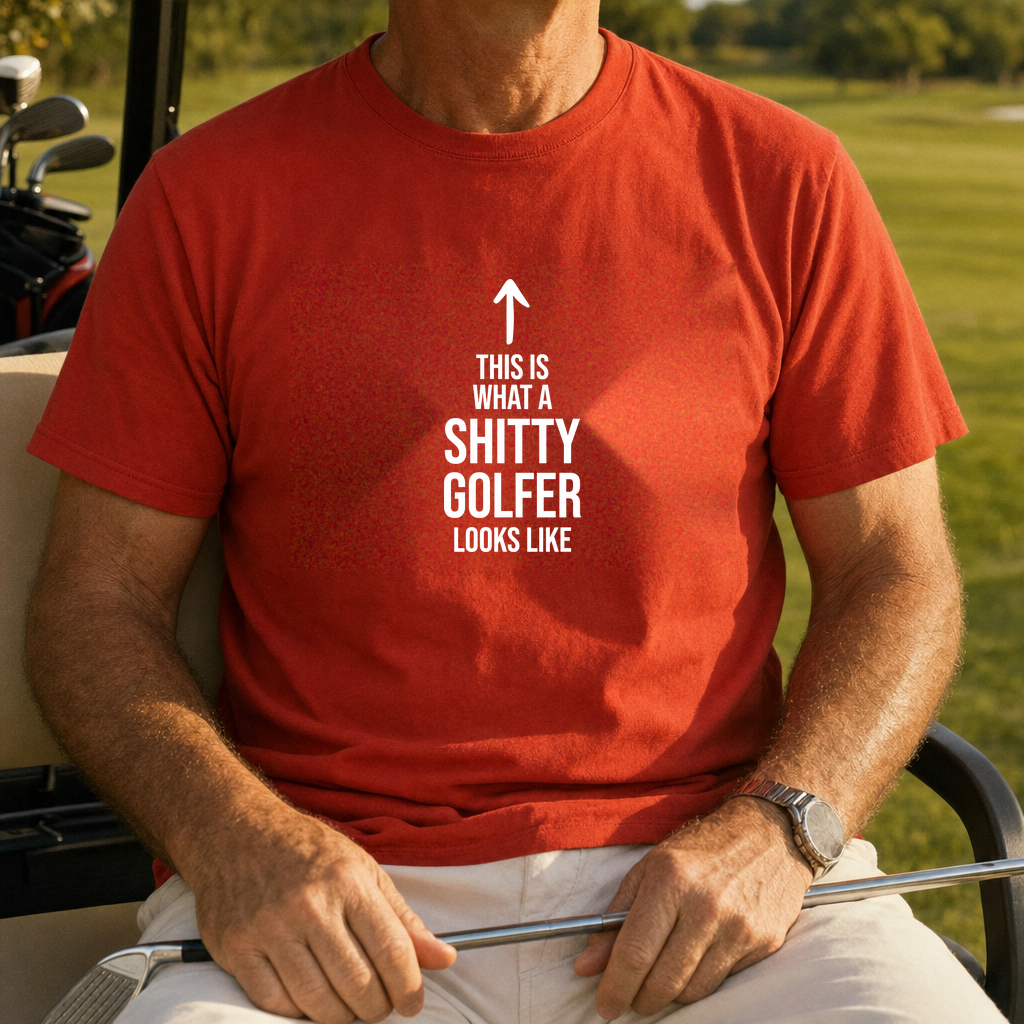 Shitty Golfer Tee worn on the golf course, Red